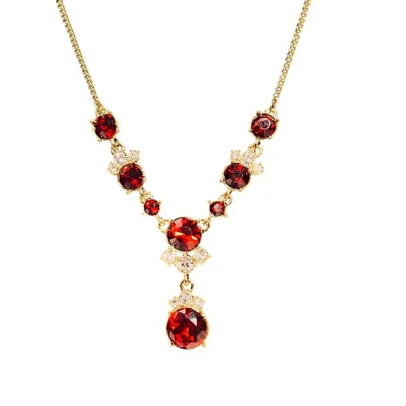 Givenchy Gold Tone With Red And Clear Crystals Statement Necklace (6299) - Picture 2 of 7